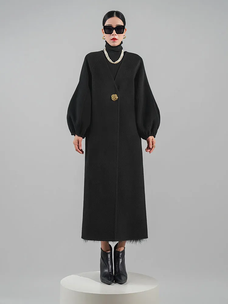 Huanzi designer double-sided cashmere coat mid-length contrast autumn  winter wool coat - Time