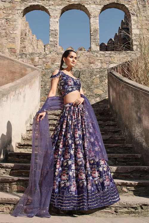 Indian Ethnic Wear Purple Georgette Embroidered with Printed Lehenga Choli