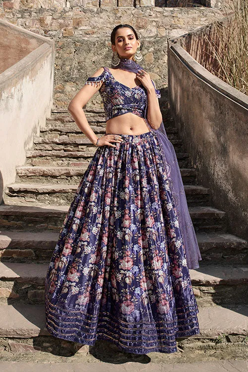 Indian Ethnic Wear Purple Georgette Embroidered with Printed Lehenga Choli