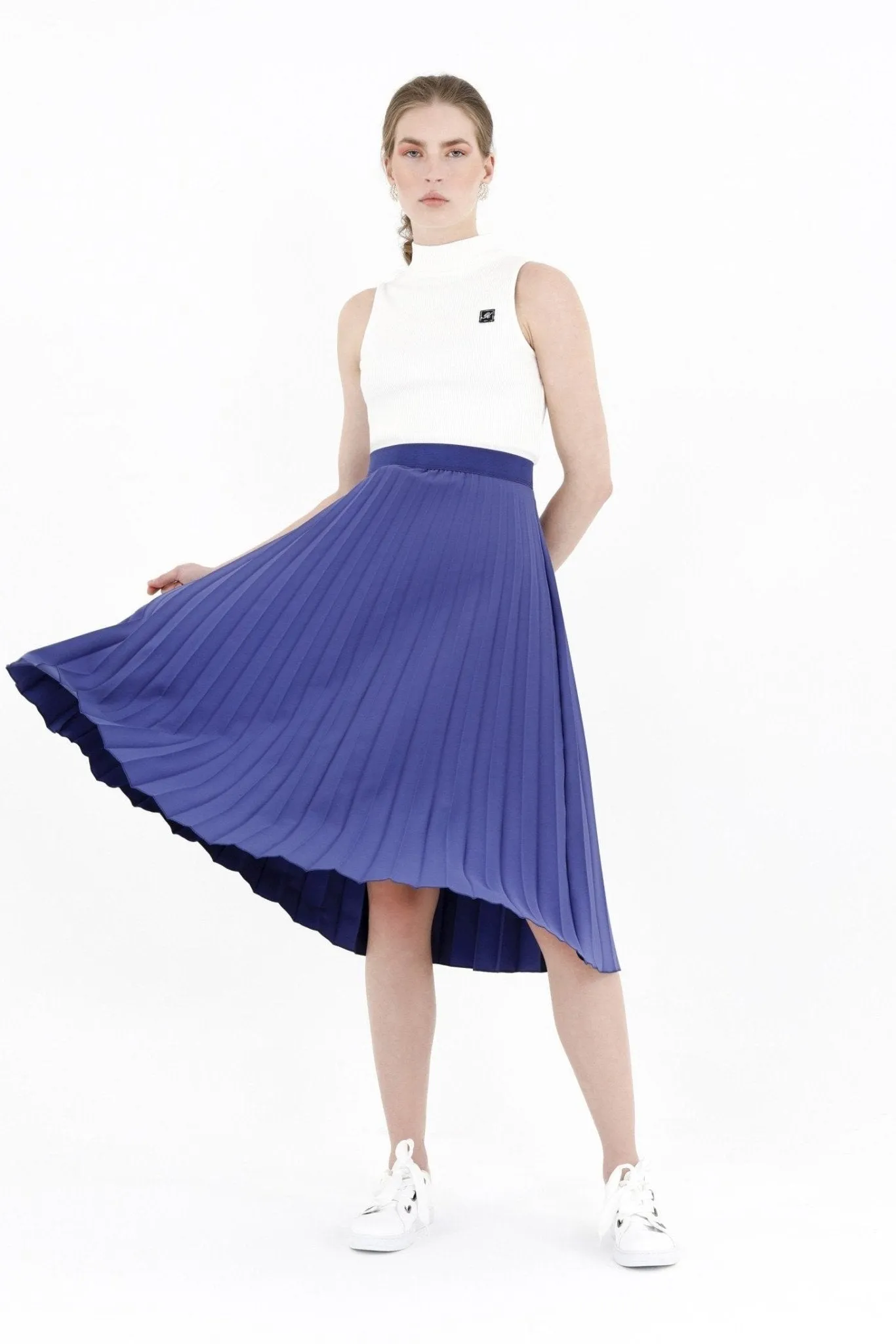 Indigo Pleated Skirt High Waist Elastic Waist Band Midi Skirt