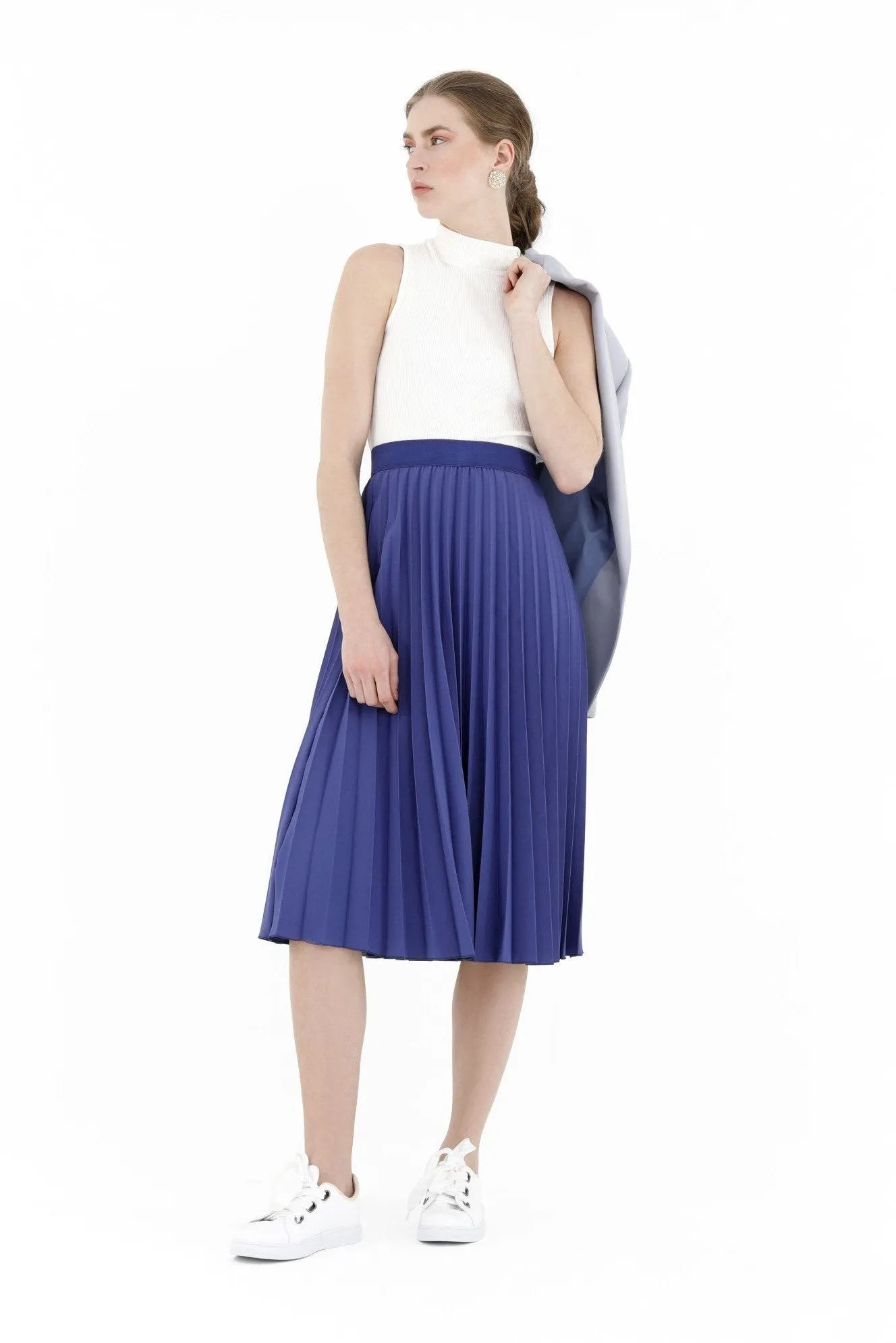 Indigo Pleated Skirt High Waist Elastic Waist Band Midi Skirt