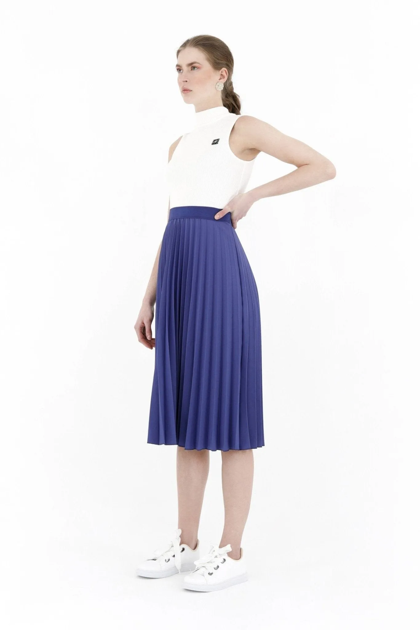 Indigo Pleated Skirt High Waist Elastic Waist Band Midi Skirt