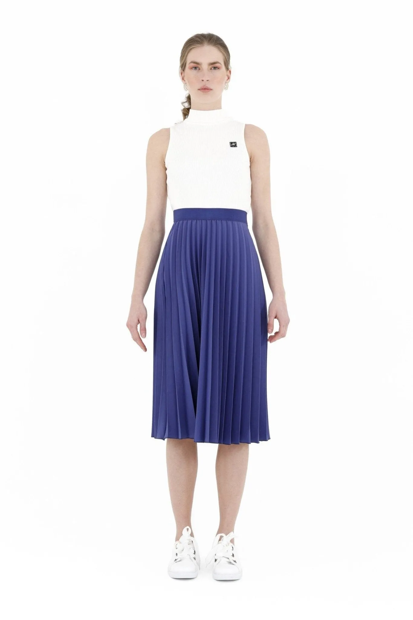 Indigo Pleated Skirt High Waist Elastic Waist Band Midi Skirt