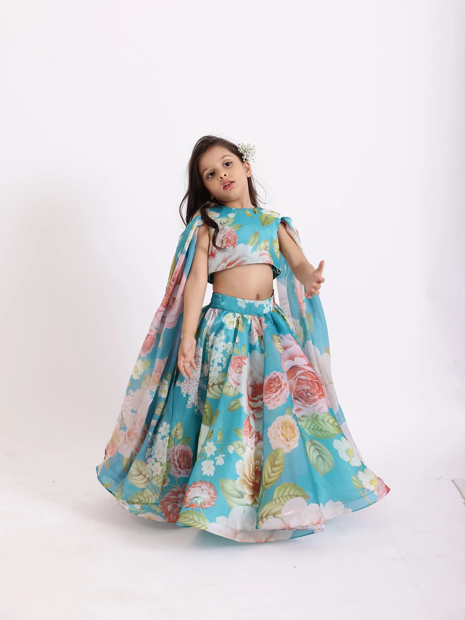 JANYAS CLOSET Blue Printed Flowers Draped Cape Top With Skirt Lehenga