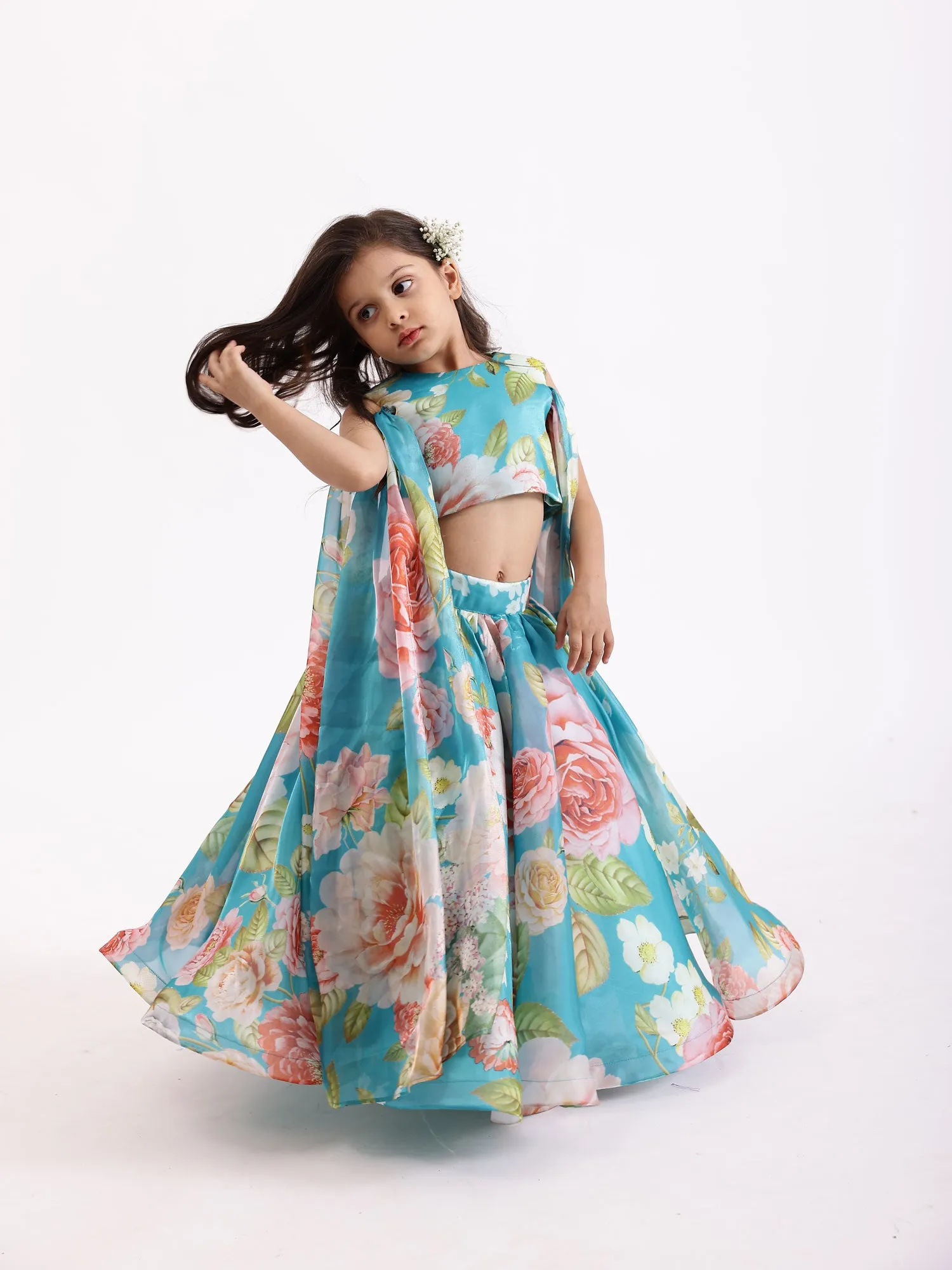 JANYAS CLOSET Blue Printed Flowers Draped Cape Top With Skirt Lehenga