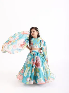 JANYAS CLOSET Blue Printed Flowers Draped Cape Top With Skirt Lehenga