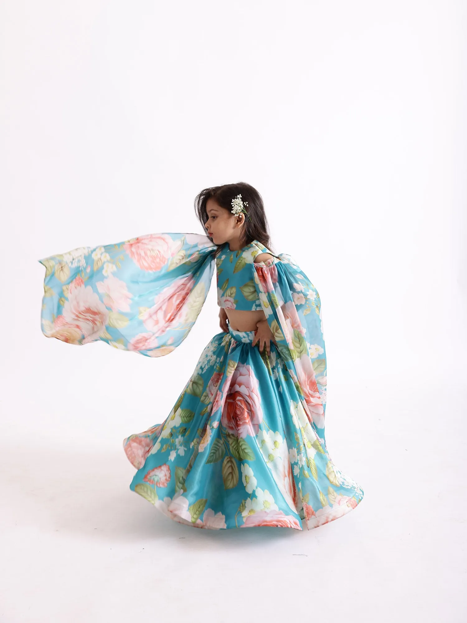 JANYAS CLOSET Blue Printed Flowers Draped Cape Top With Skirt Lehenga