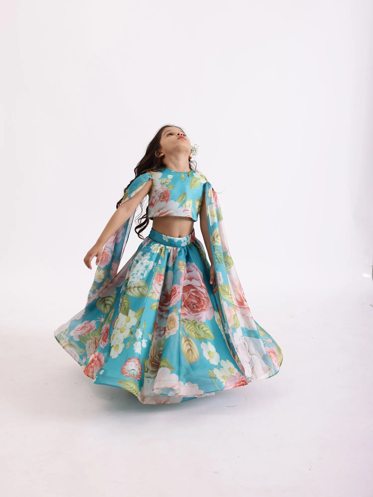 JANYAS CLOSET Blue Printed Flowers Draped Cape Top With Skirt Lehenga