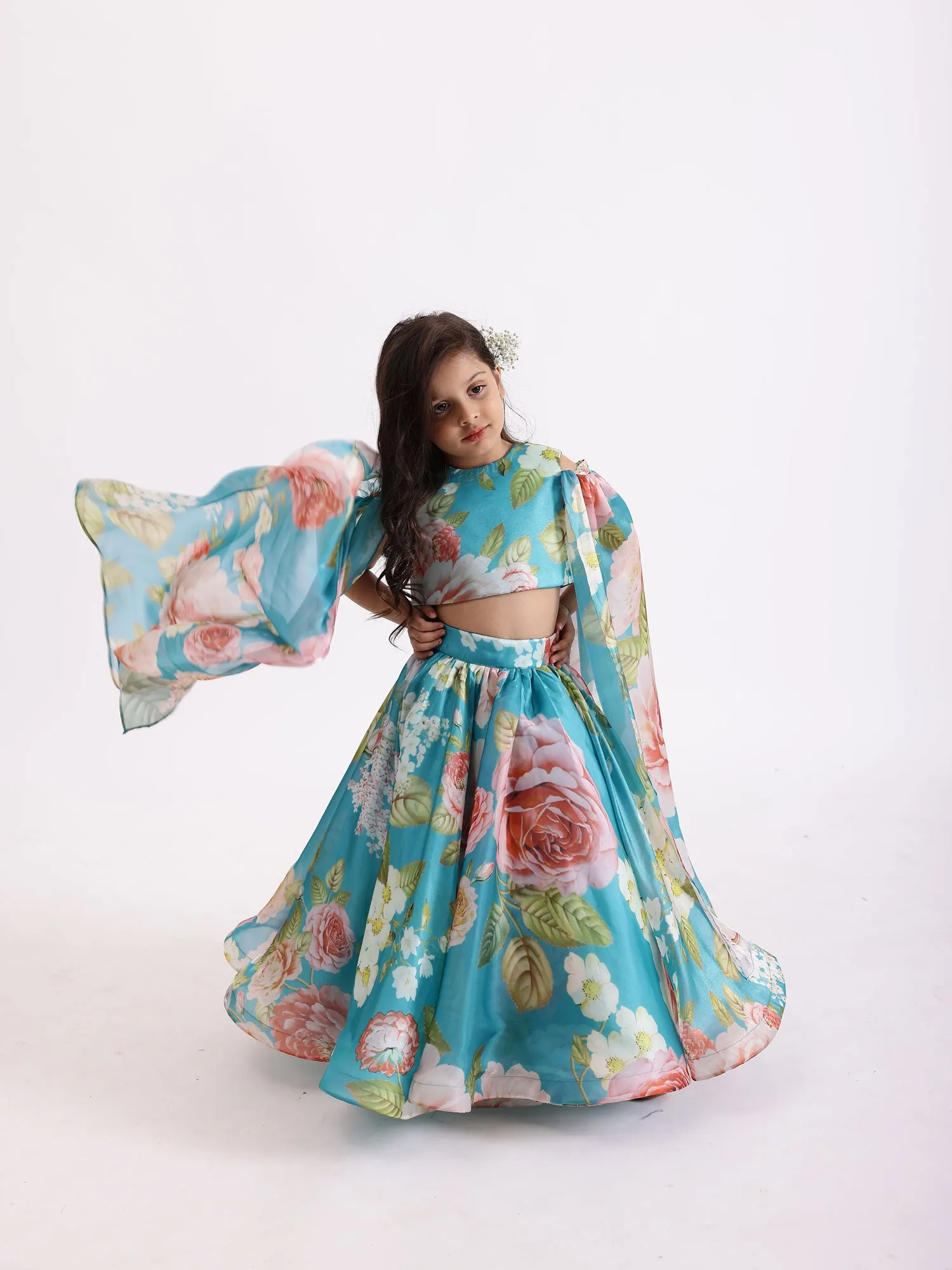 JANYAS CLOSET Blue Printed Flowers Draped Cape Top With Skirt Lehenga