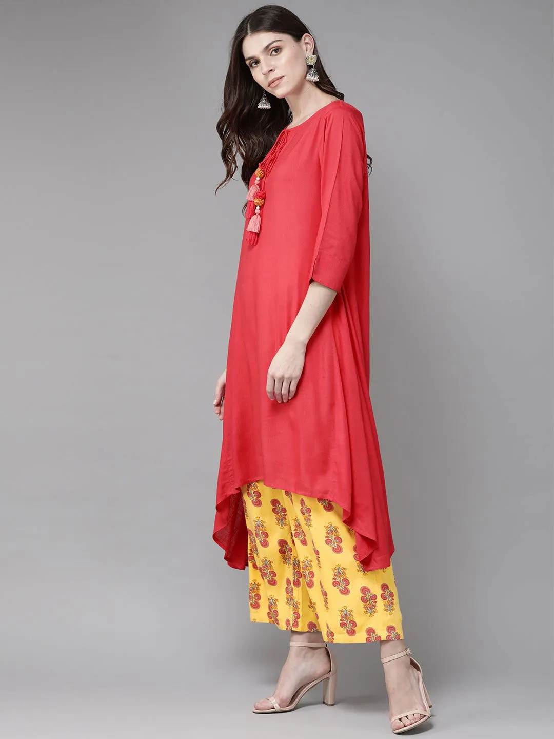 Jashvi Coral Rayon Slub Printed Asymmetric Kurta With Palazzo & Scarf