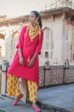 Jashvi Coral Rayon Slub Printed Asymmetric Kurta With Palazzo & Scarf