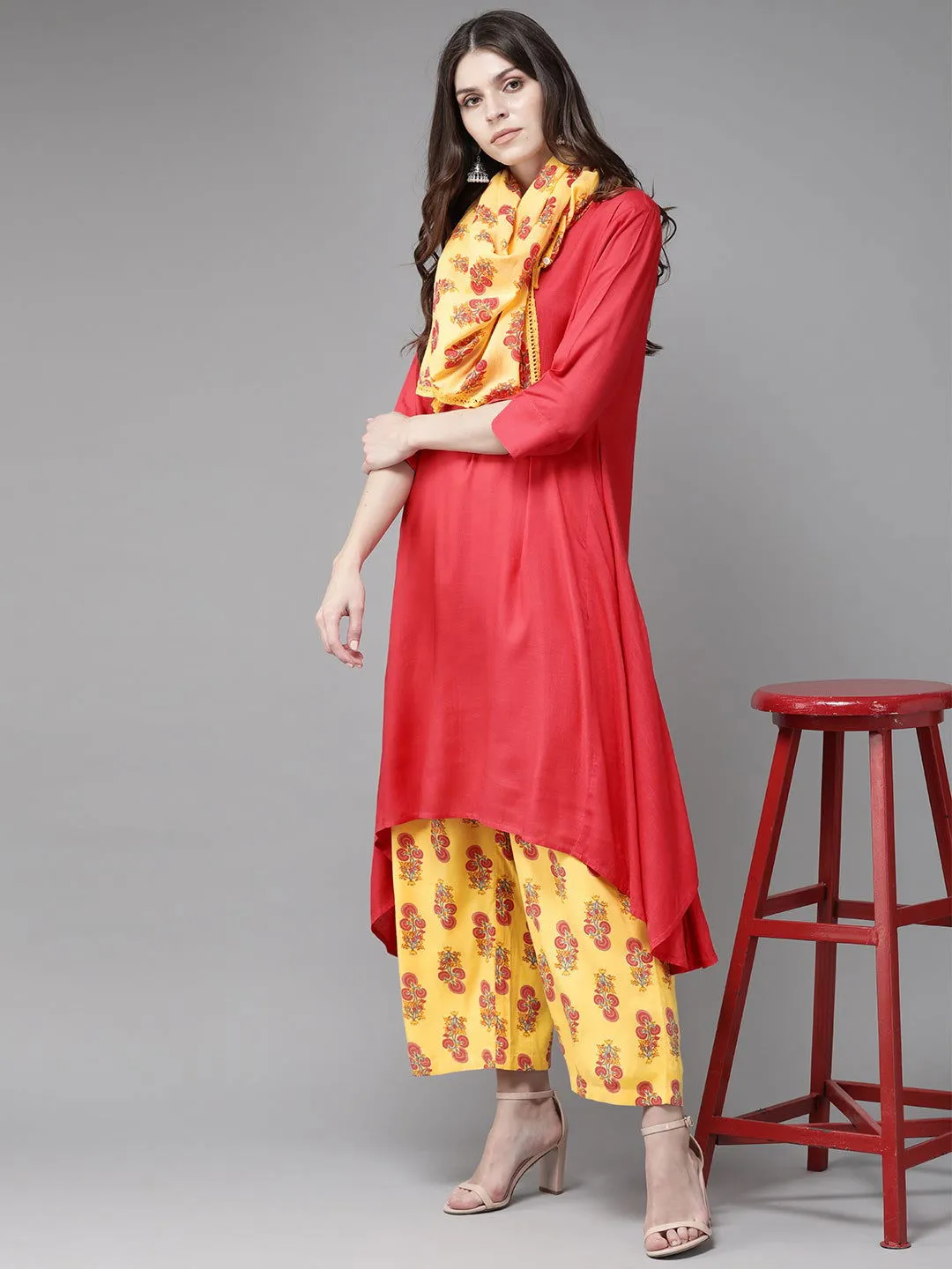 Jashvi Coral Rayon Slub Printed Asymmetric Kurta With Palazzo & Scarf