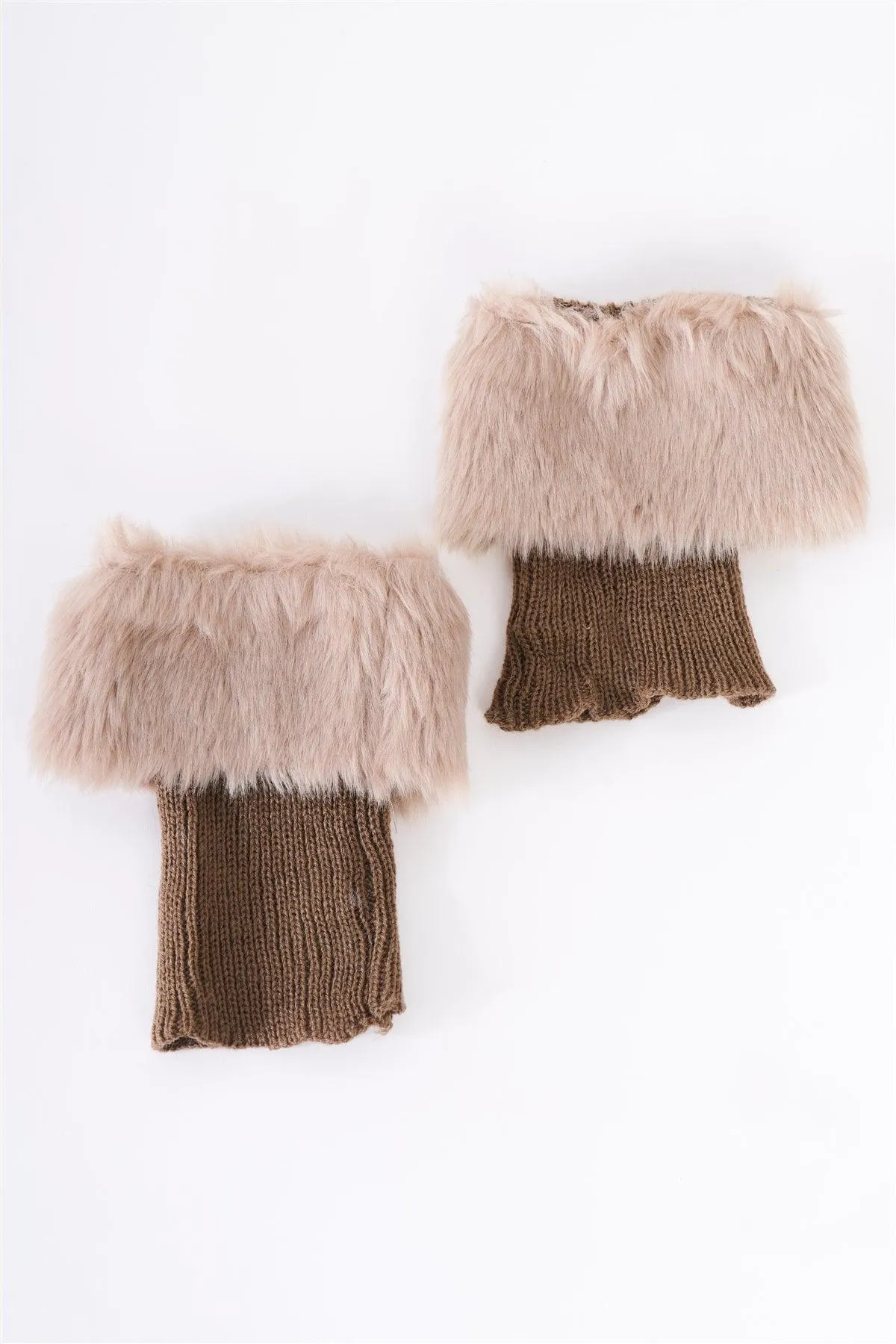 Khaki Knit Furry Shoe Insert Short Leg Warmers /3 Pieces