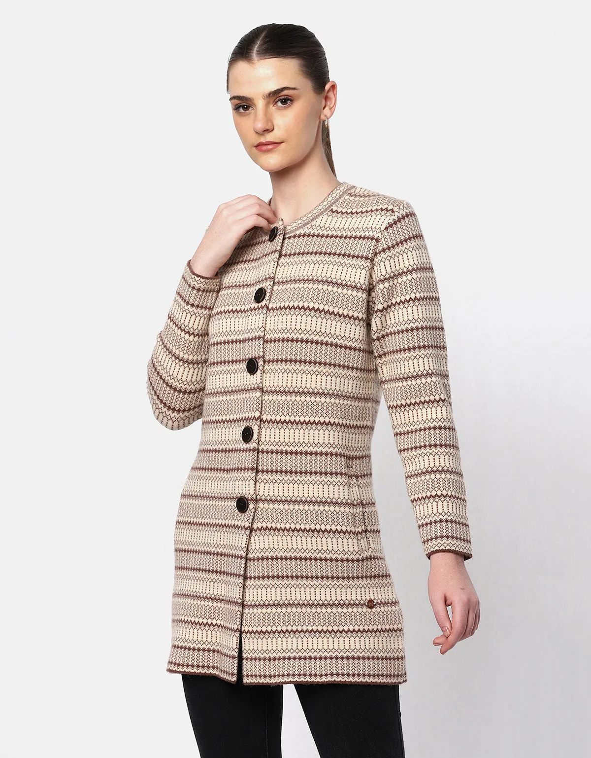 Knitted Round Neck Long Coat With Front Buttons