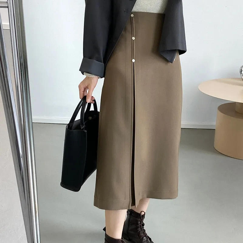 [Korean Style] 3 Colors Minimalistic 3 Buttons Front Slit Long skirt