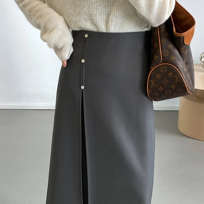 [Korean Style] 3 Colors Minimalistic 3 Buttons Front Slit Long skirt