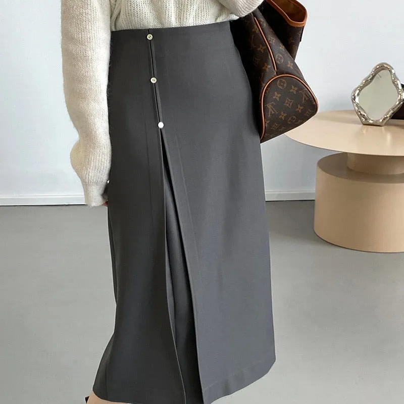 [Korean Style] 3 Colors Minimalistic 3 Buttons Front Slit Long skirt