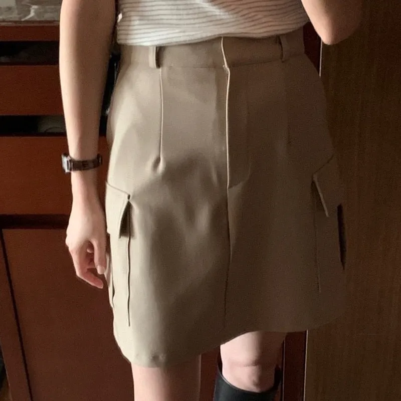 [Korean Style] High Waist Beige Black Cargo Pocket Short Skirt