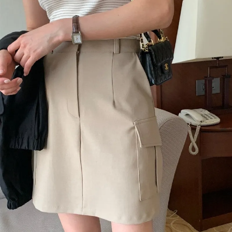 [Korean Style] High Waist Beige Black Cargo Pocket Short Skirt