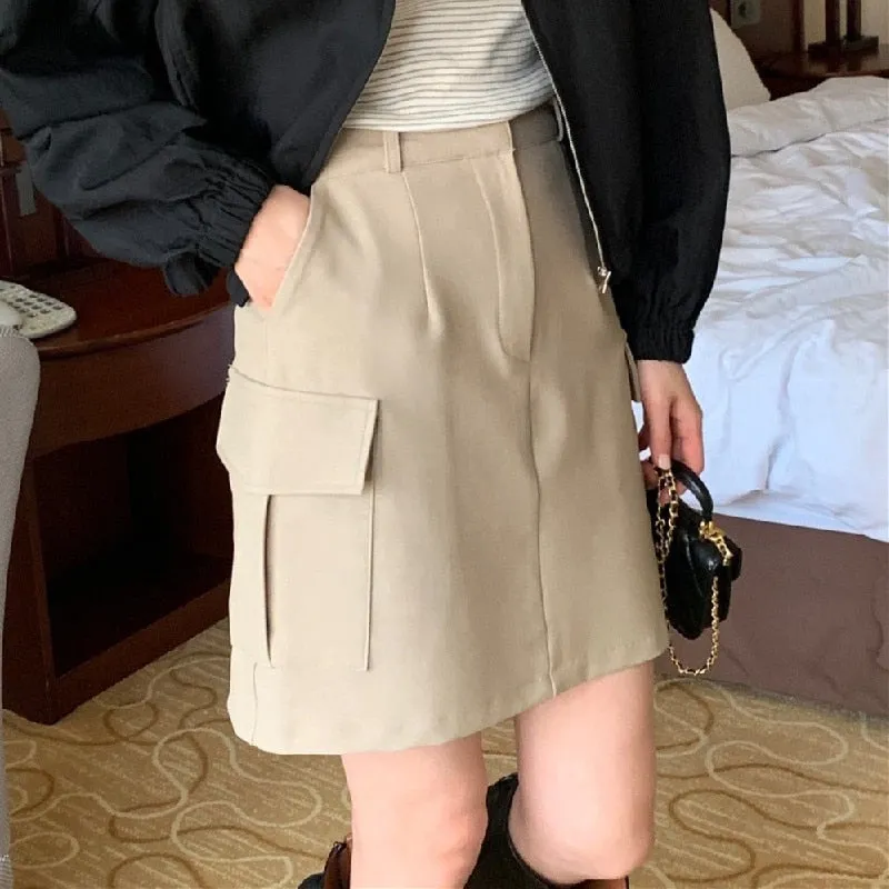 [Korean Style] High Waist Beige Black Cargo Pocket Short Skirt