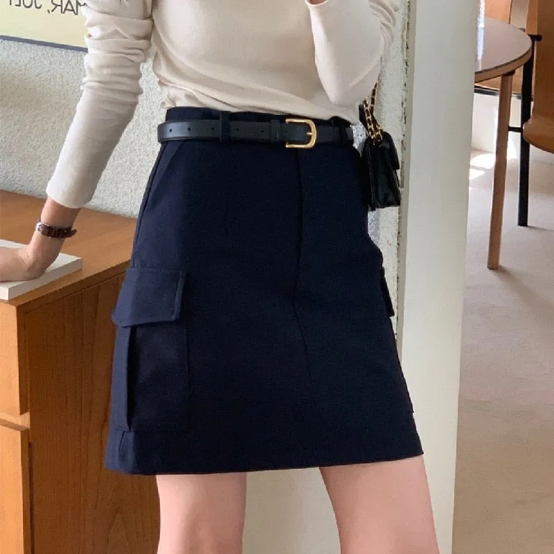 [Korean Style] High Waist Beige Black Cargo Pocket Short Skirt