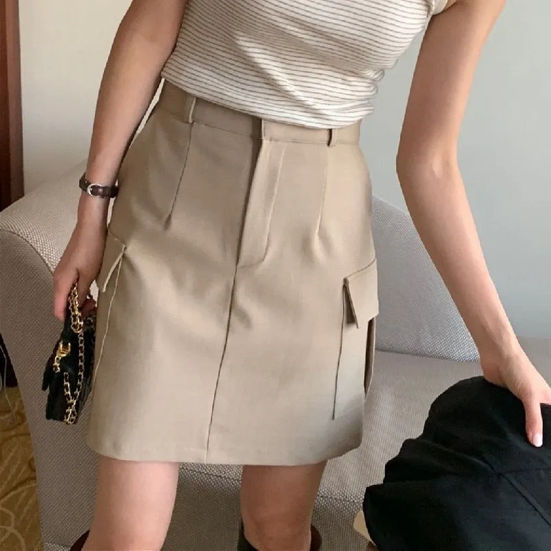 [Korean Style] High Waist Beige Black Cargo Pocket Short Skirt