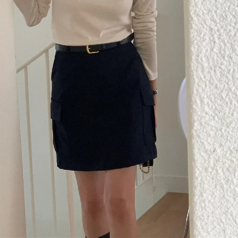 [Korean Style] High Waist Beige Black Cargo Pocket Short Skirt