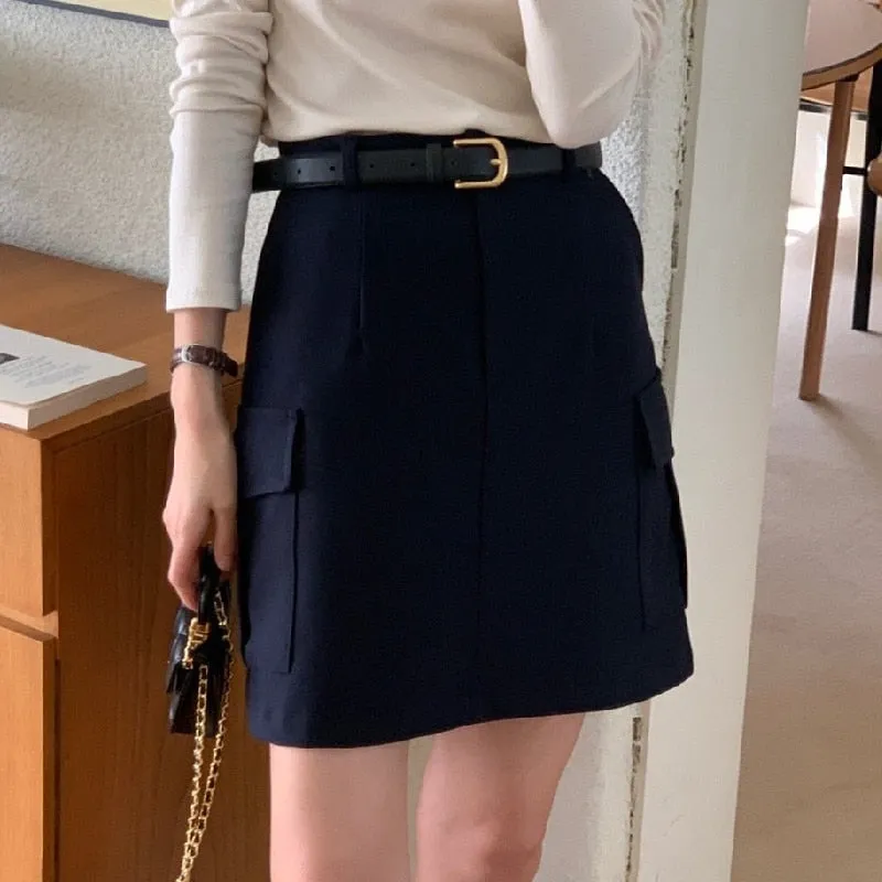 [Korean Style] High Waist Beige Black Cargo Pocket Short Skirt