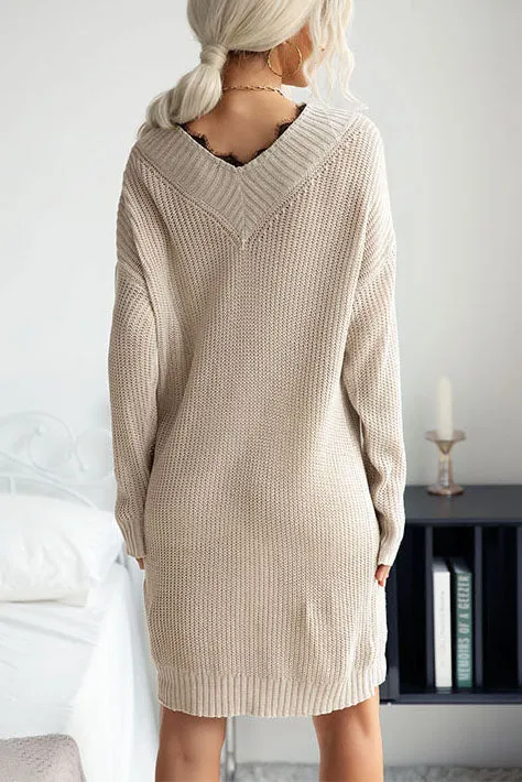 Lace Stitching V-neck mid-length Sweater Dress