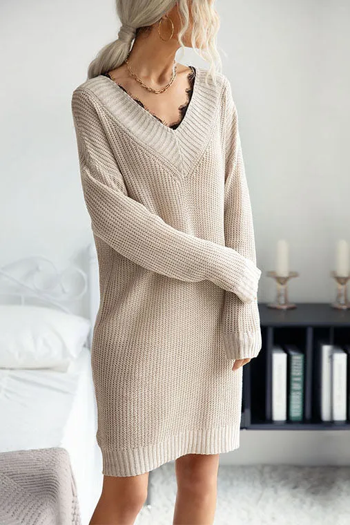 Lace Stitching V-neck mid-length Sweater Dress