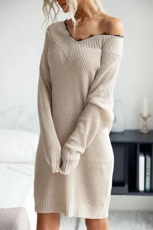 Lace Stitching V-neck mid-length Sweater Dress