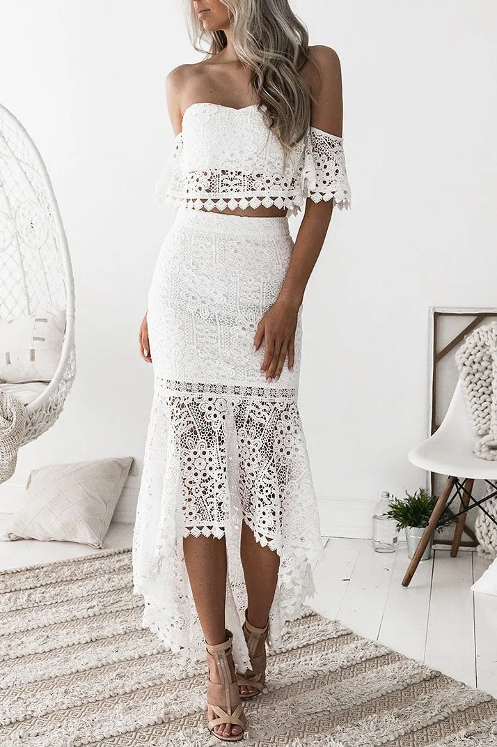 Lace Tube Top Open Back Pencil Skirt Two Piece Set