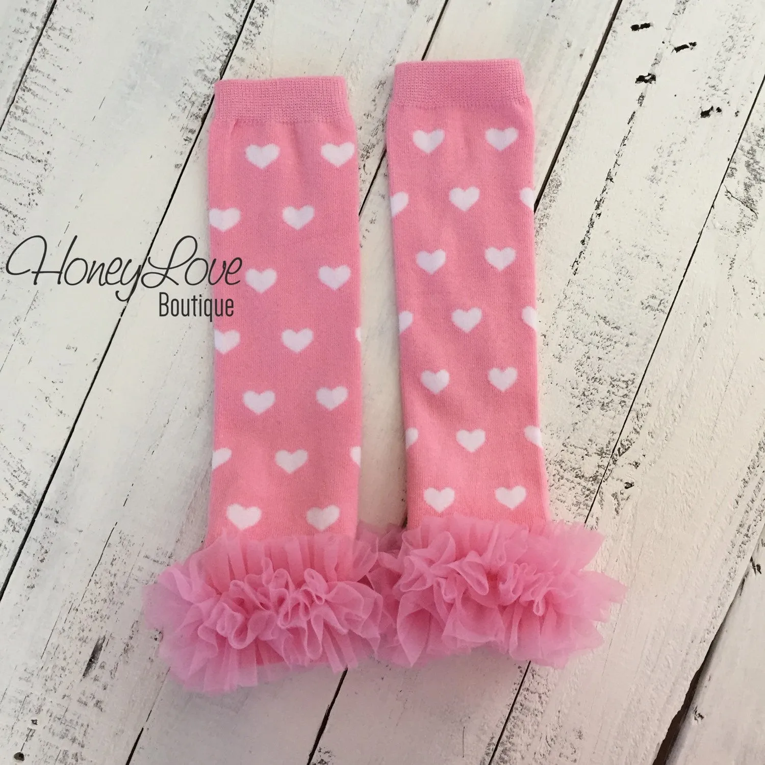 Leg Warmers - Light pink with white hearts and pink ruffle bottom