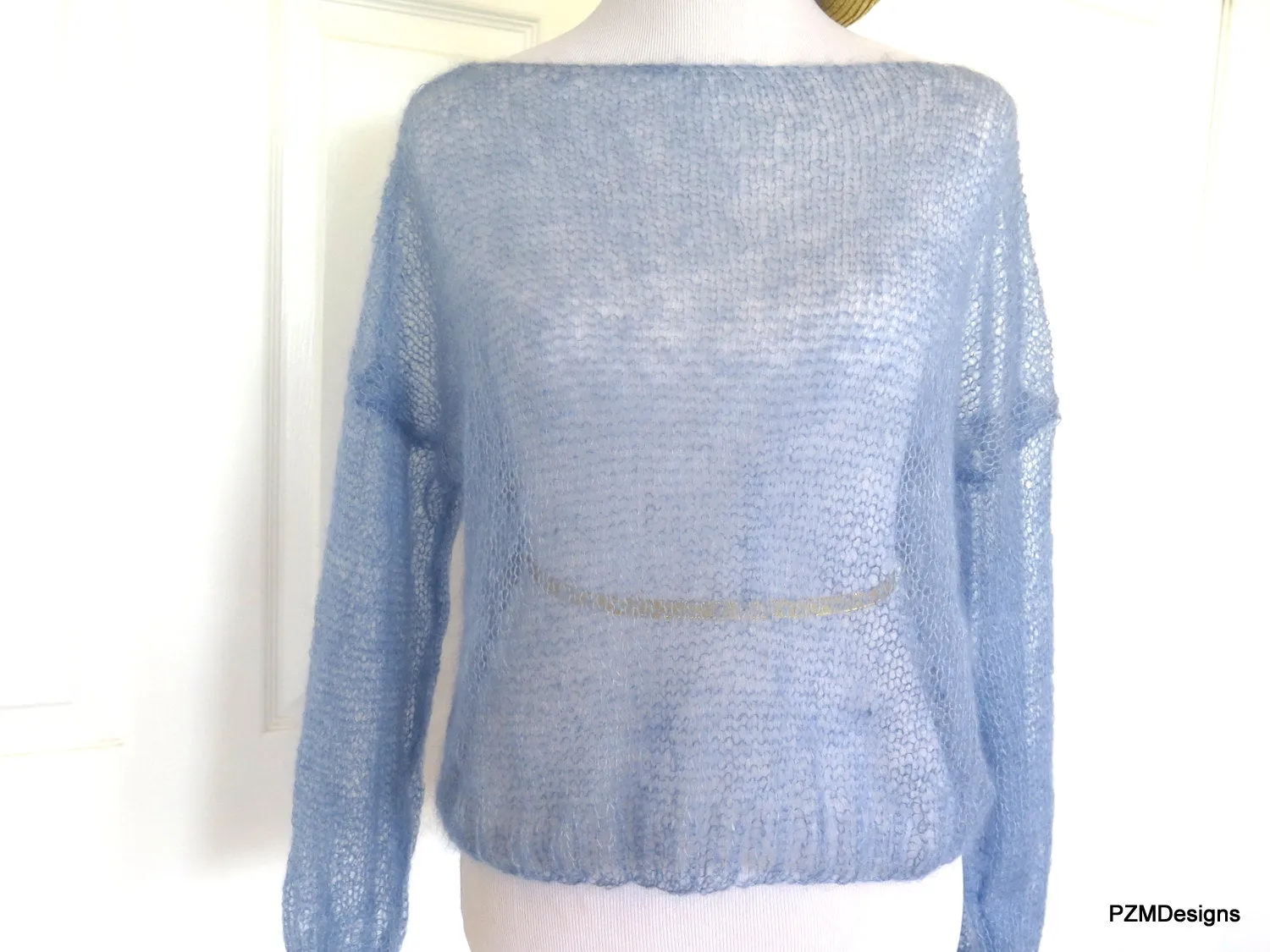 Light Blue Silk Mohair Pullover, Plus Size Hand Knit Boyfriend Sweater