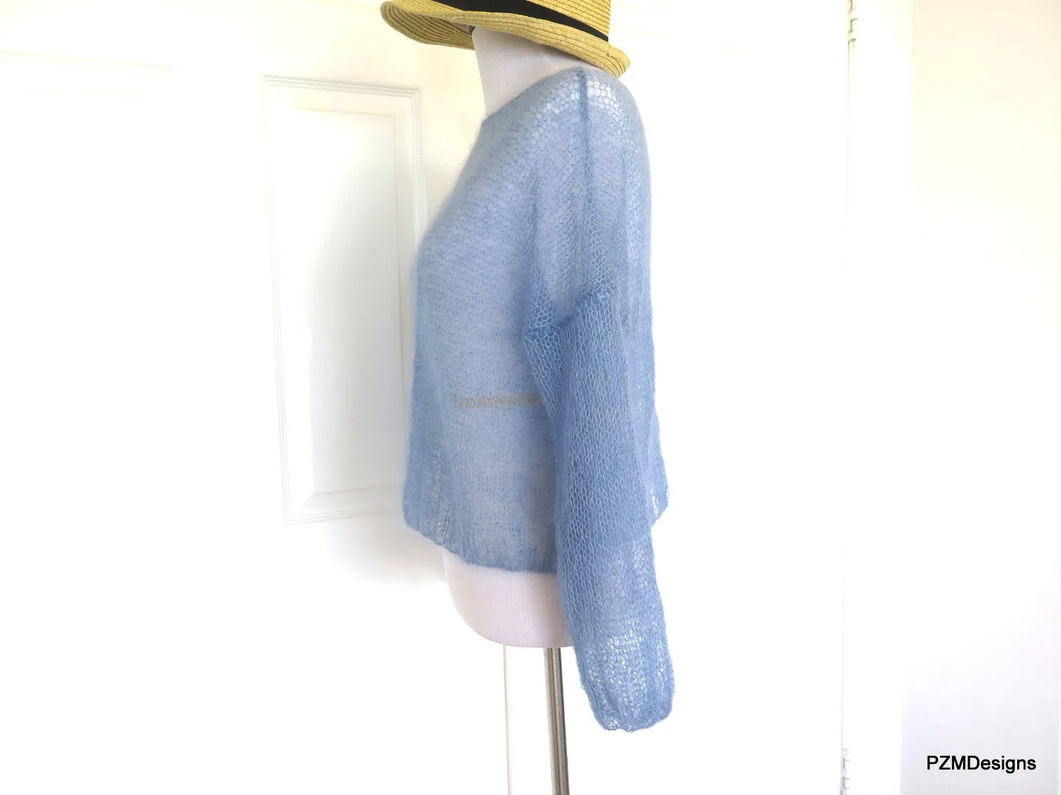 Light Blue Silk Mohair Pullover, Plus Size Hand Knit Boyfriend Sweater