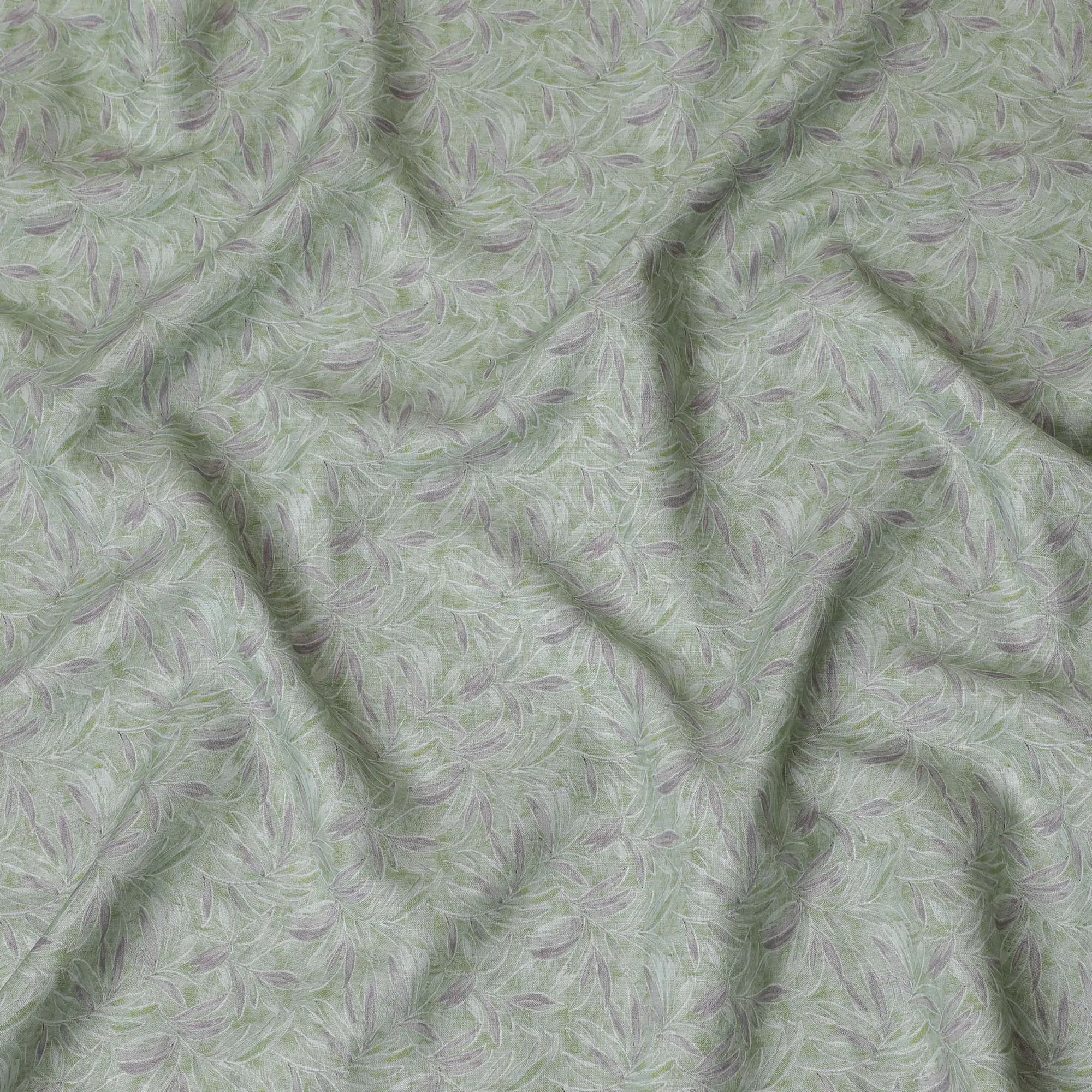 Light Green and Lavender Leaf Print Pure Linen Fabric - 150 cm Width-D20001