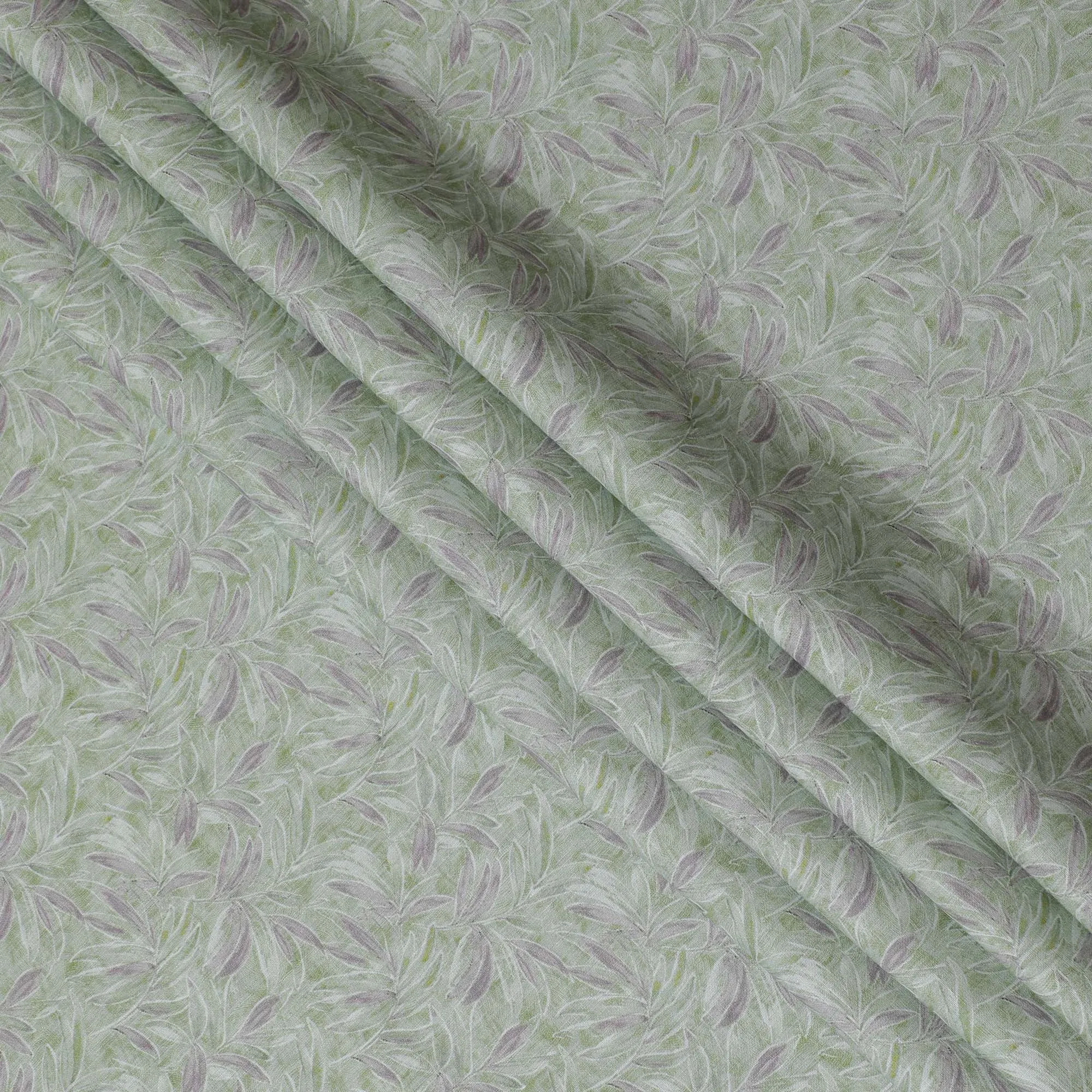 Light Green and Lavender Leaf Print Pure Linen Fabric - 150 cm Width-D20001