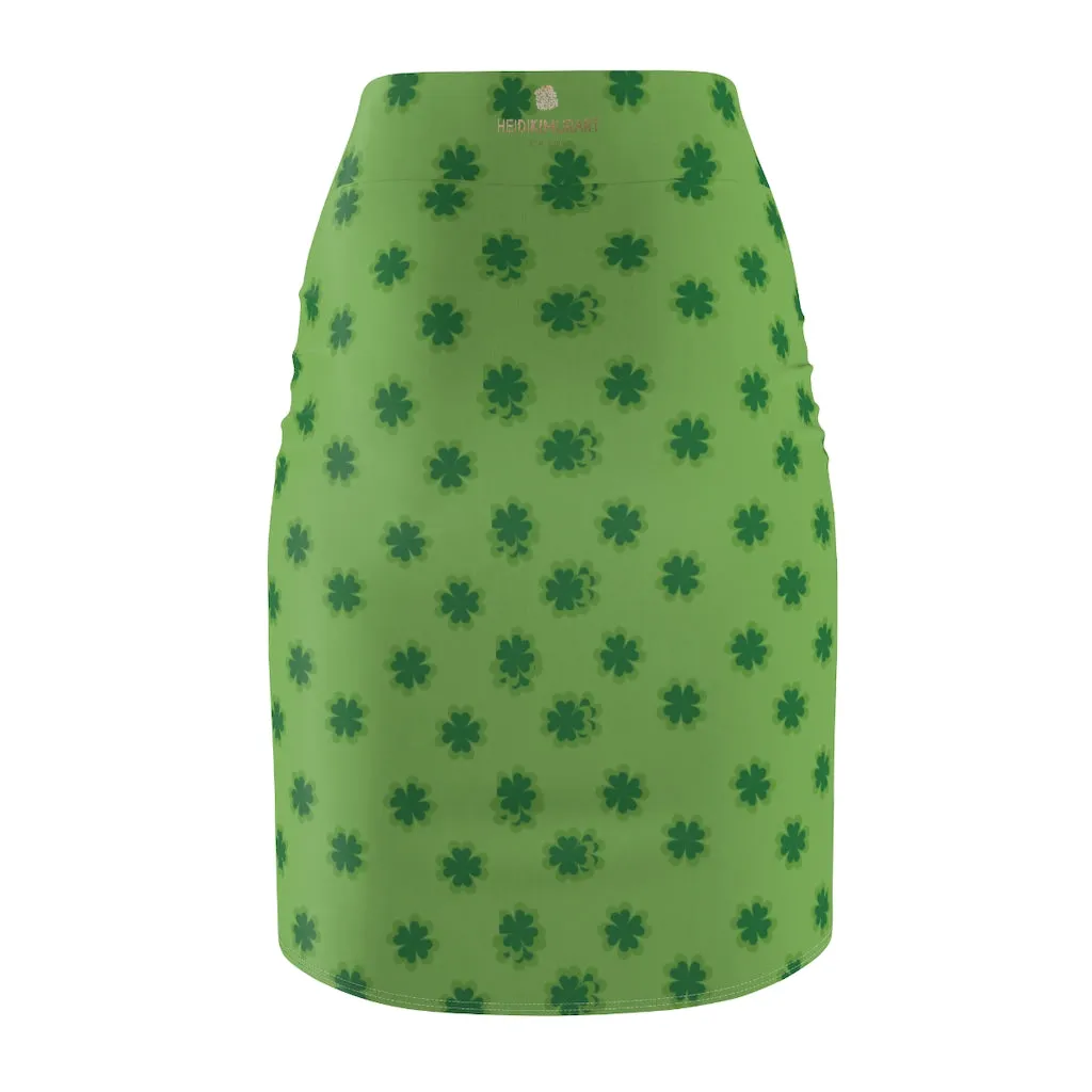 Light Green Clover Pencil Skirt, Best Irish Lucky Clover Leaf Print St. Patrick's Day Women's Pencil Skirt- Made in USA