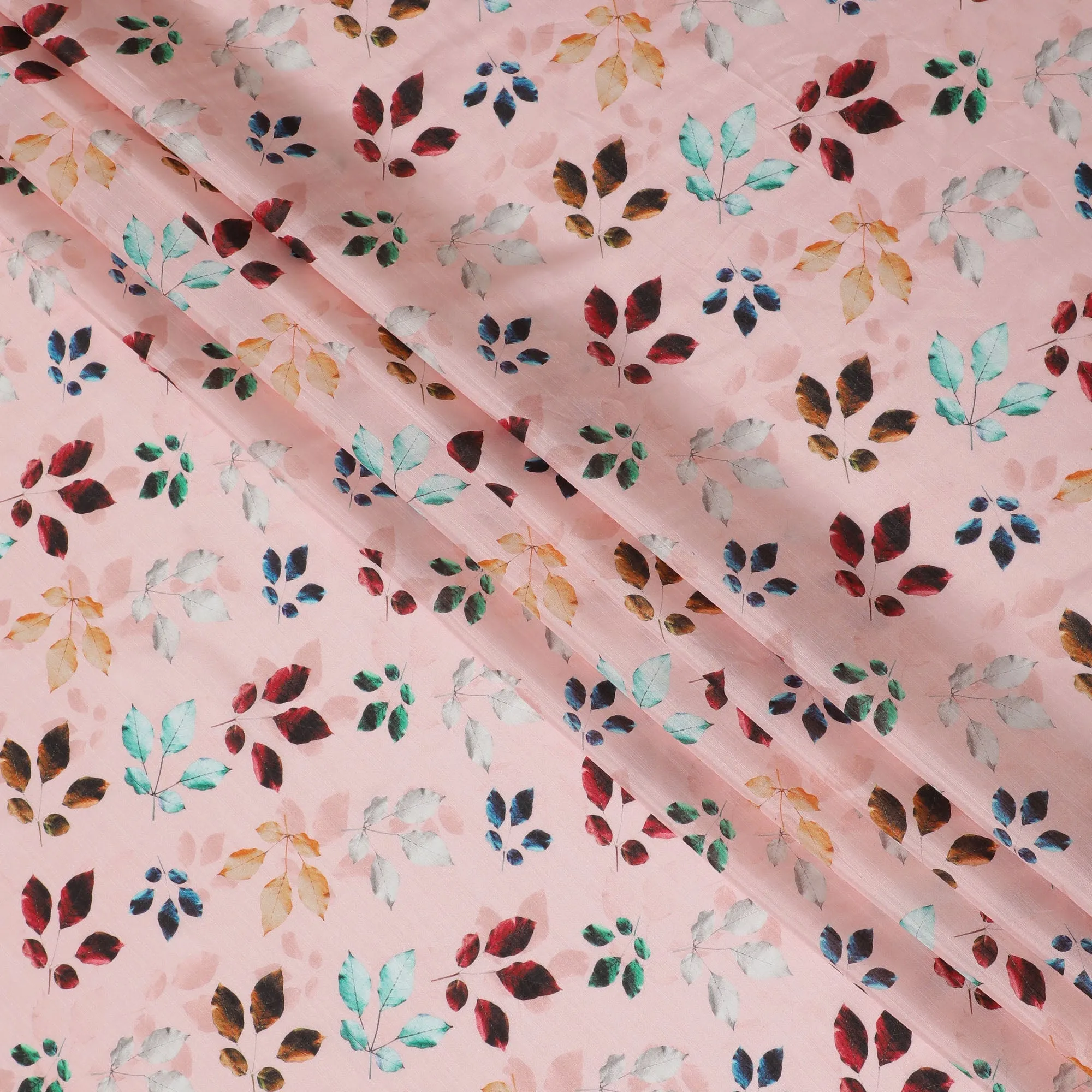 Light Pink with Multicolor Leaf Print Viscose Digital Printed Fabric - 110 cm Width-D19994