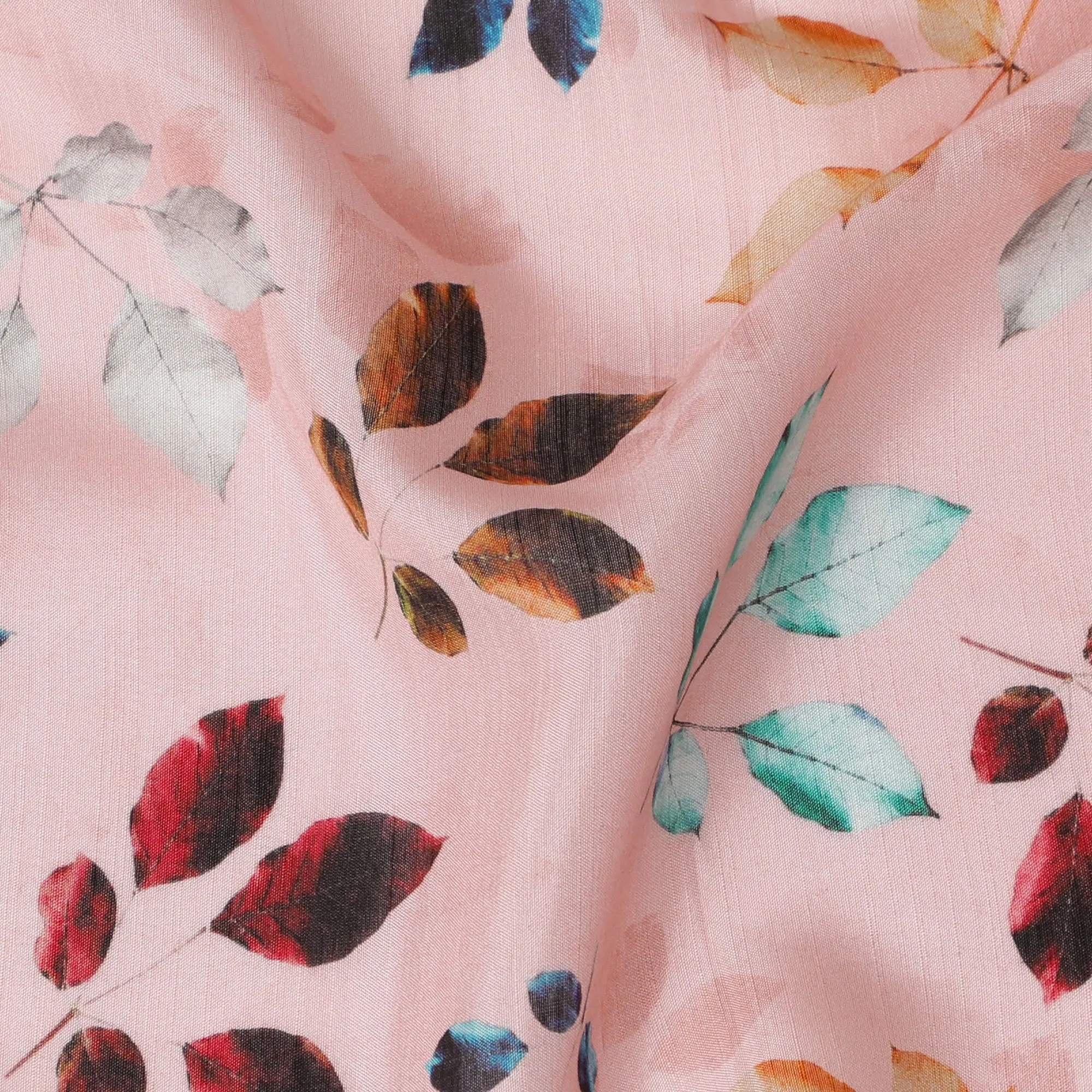 Light Pink with Multicolor Leaf Print Viscose Digital Printed Fabric - 110 cm Width-D19994