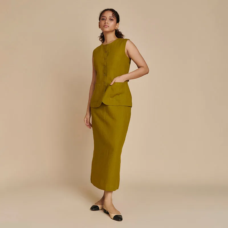 Linen Skirt Co Ord Set | Green | Waist Coat & Skirt