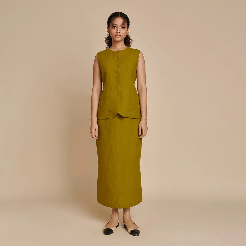 Linen Skirt Co Ord Set | Green | Waist Coat & Skirt