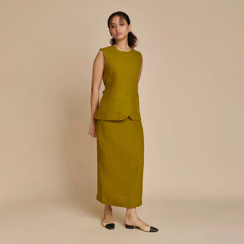 Linen Skirt Co Ord Set | Green | Waist Coat & Skirt