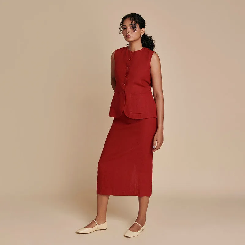 Linen Skirt Co Ord Set | Red | Waist Coat & Skirt