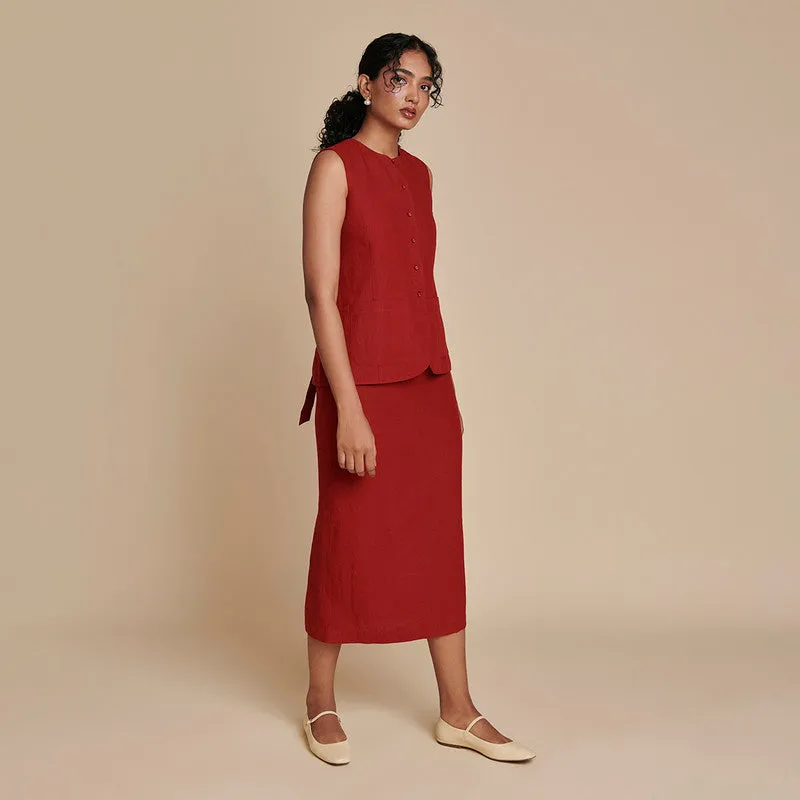 Linen Skirt Co Ord Set | Red | Waist Coat & Skirt