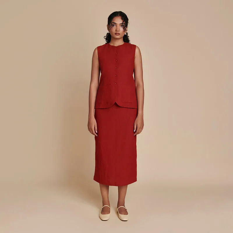 Linen Skirt Co Ord Set | Red | Waist Coat & Skirt