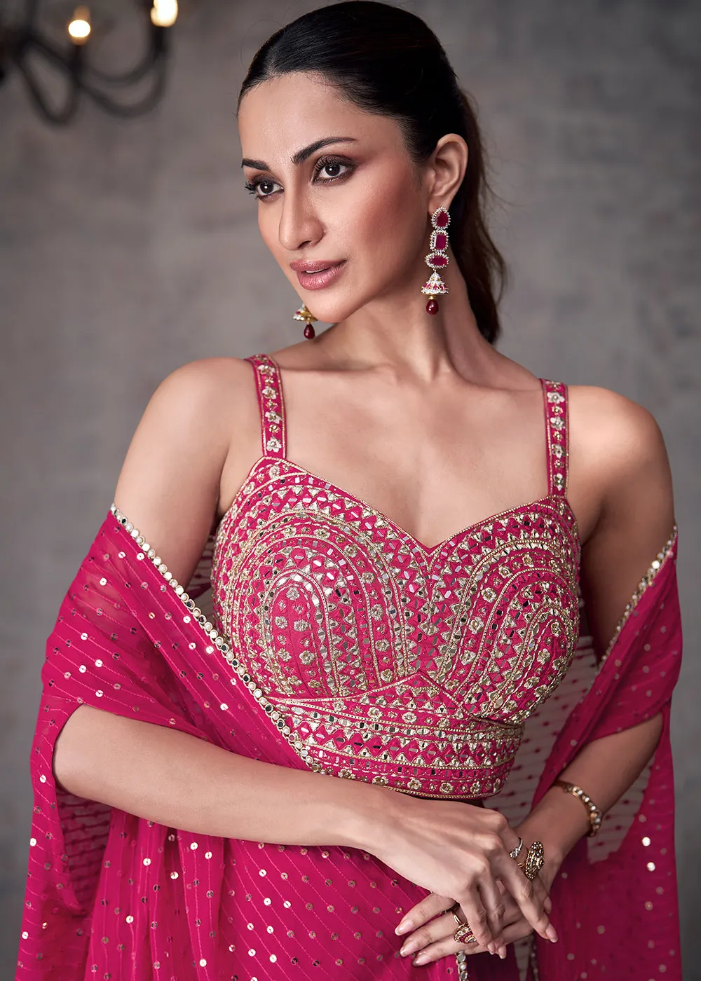 Magenta Pink Indo Western Style Party Wear Palazzo Suit