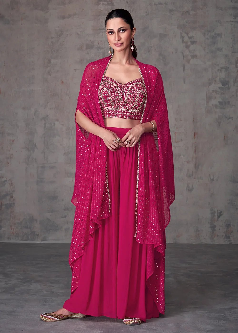 Magenta Pink Indo Western Style Party Wear Palazzo Suit