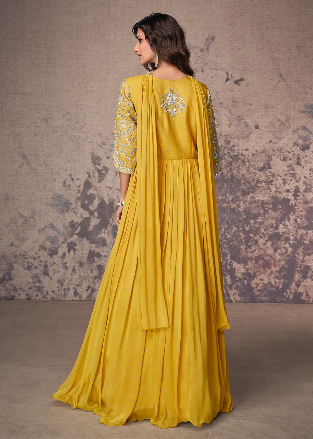 Maize Yellow Silk Embroidered Wedding Party Anarkali Gown