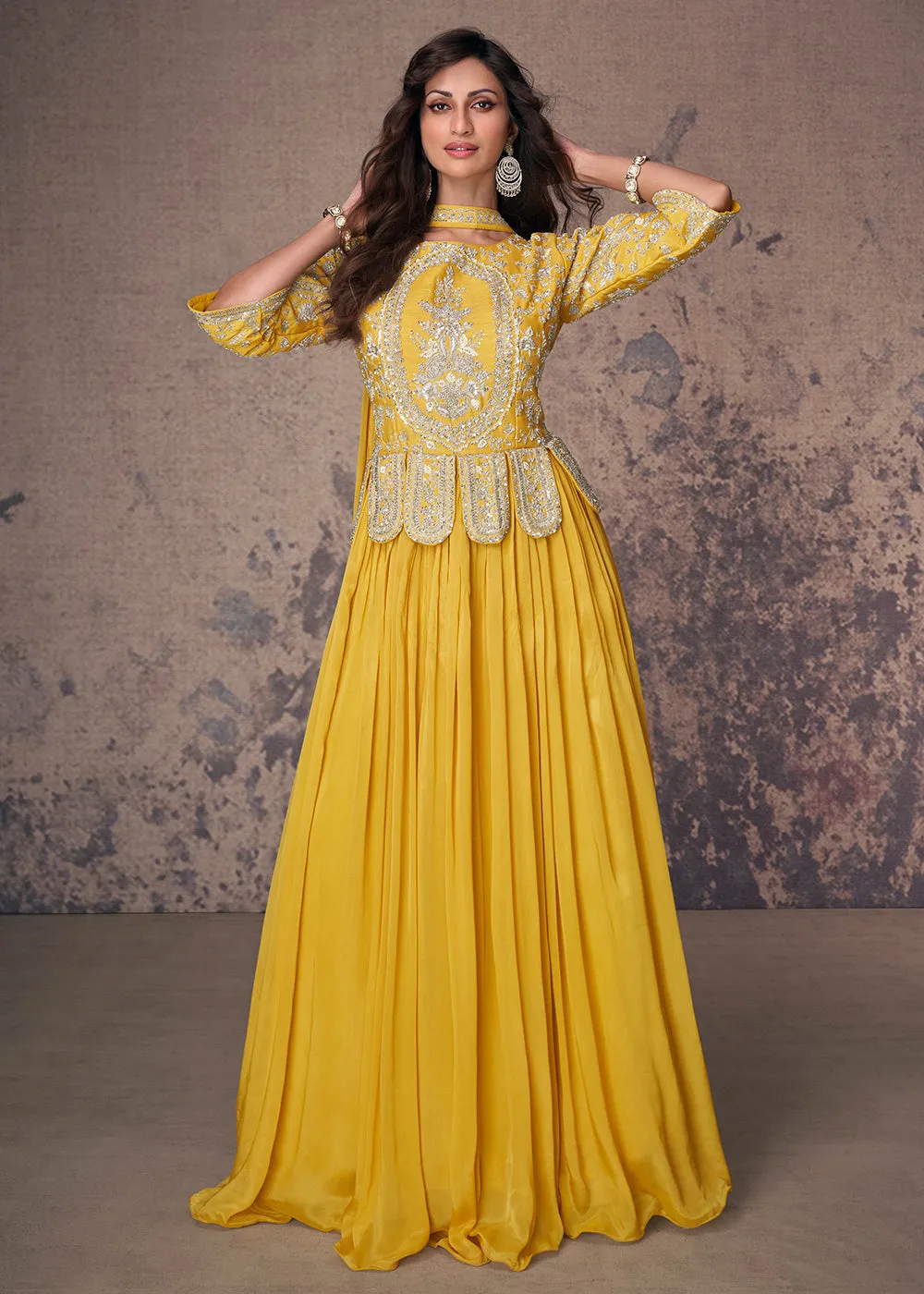 Maize Yellow Silk Embroidered Wedding Party Anarkali Gown